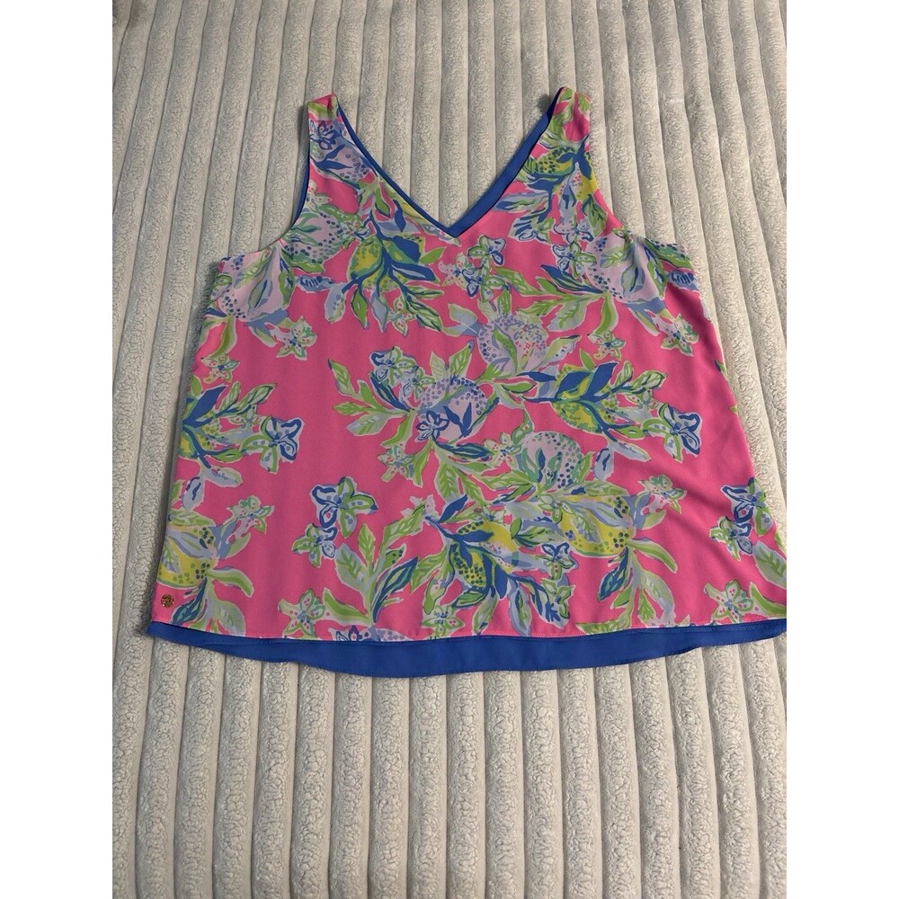 Lilly Pulitzer Florin Reversible Top Pink Floral Periwinkle Blue Women Large/XL